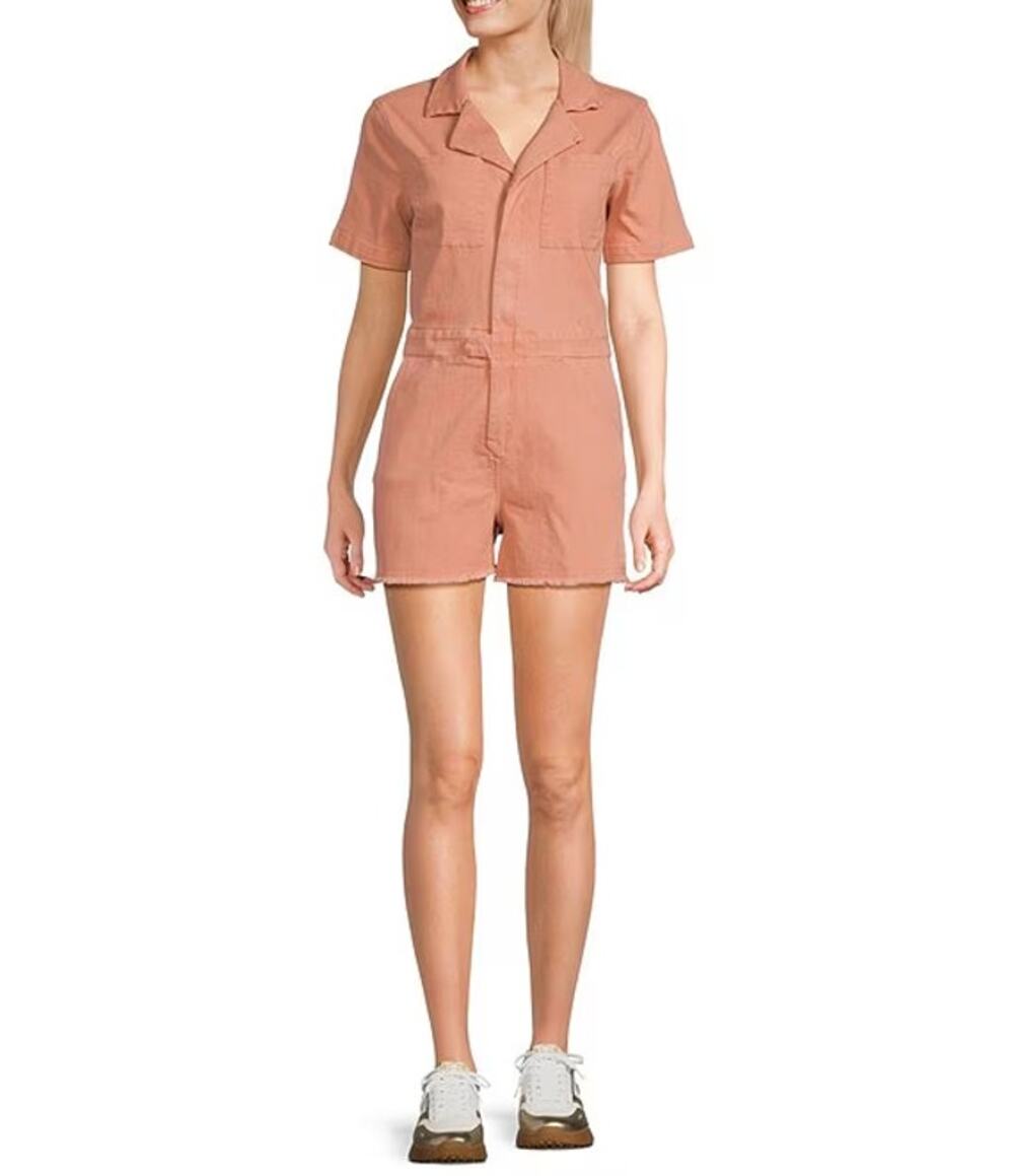 Sadie & Sage Romper Jumpsuit Short Sleeve Stretch Denim, Coral, Sz M, NWT, NEW